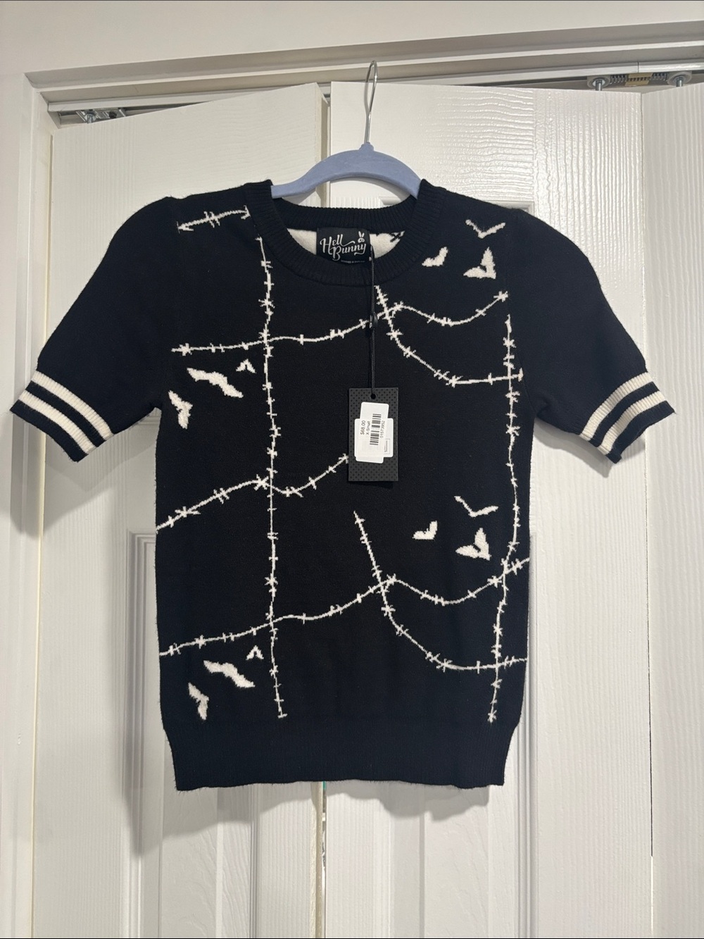 Hell Bunny Black & White Short-Sleeve Barbed Wire Knit Sweater